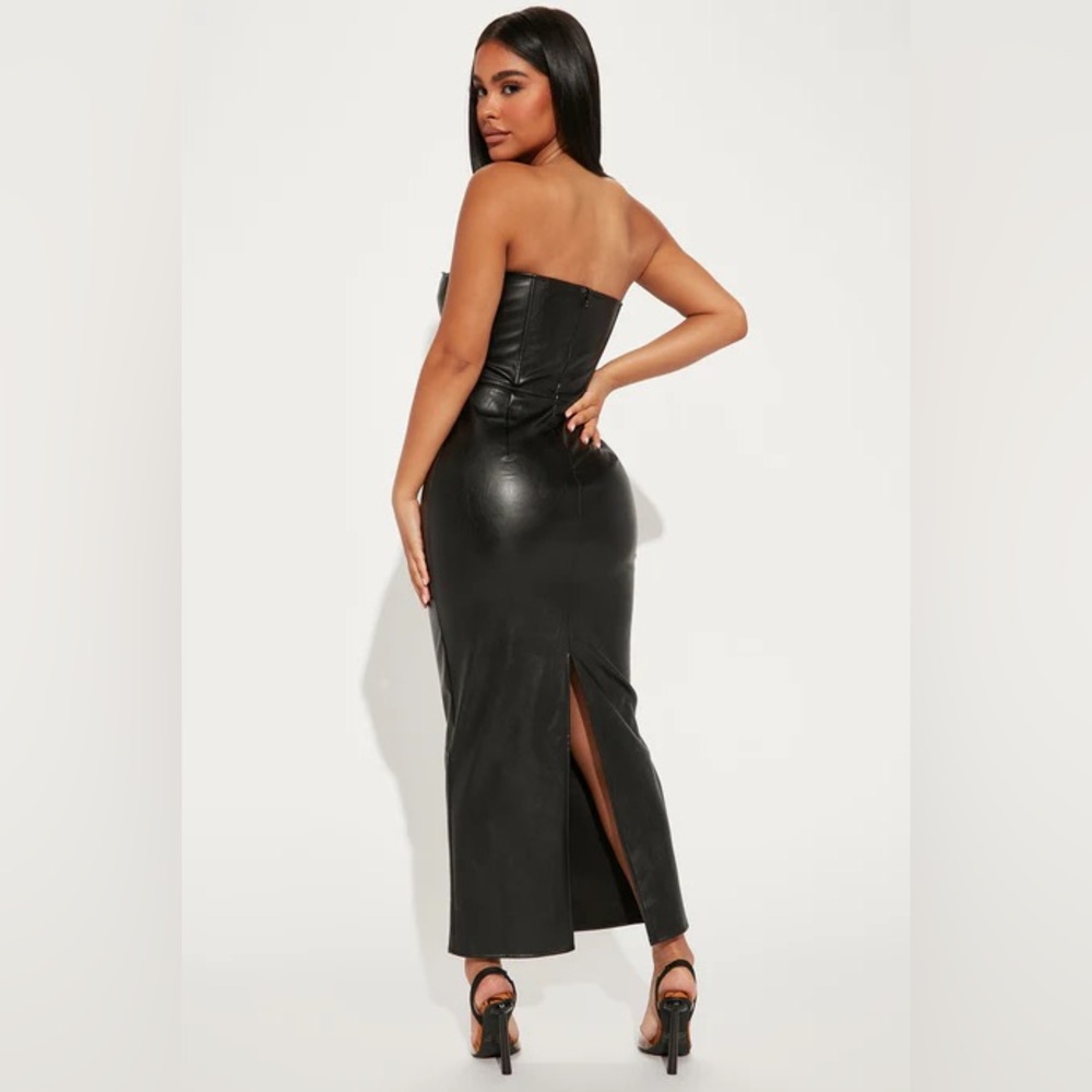 Fall Leaves Faux Leather Midi Dress - Black - Picture 3 of 5
